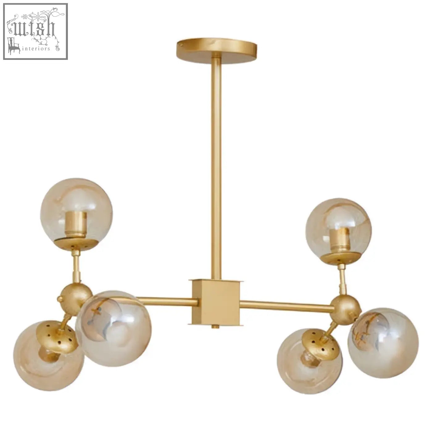 Abira six arm gold finish pendant light with six spherical glass bulbs in a modern symmetrical design