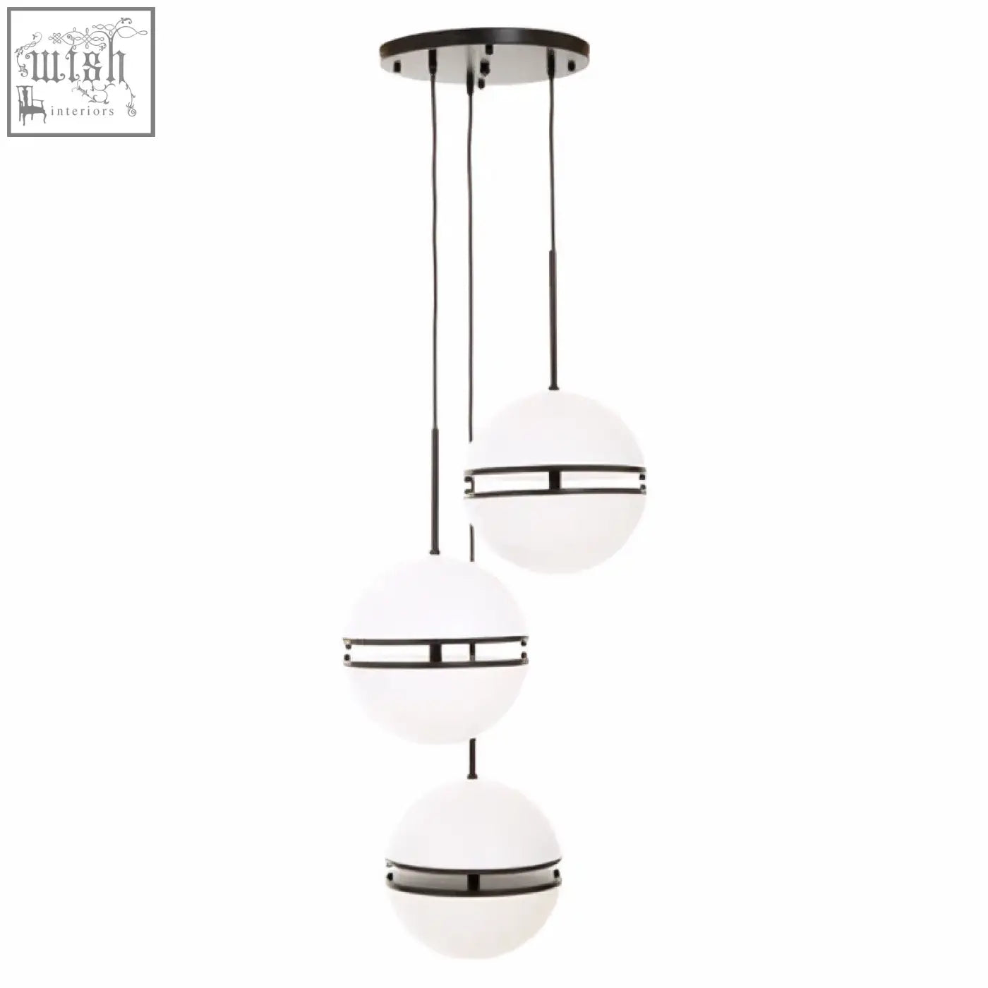 Abira three ball matt black pendant light with three frosted glass spheres and horizontal metallic bands