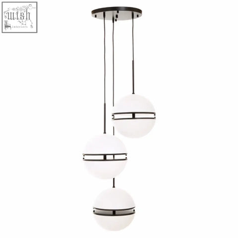 Abira three ball matt black pendant light with three frosted glass spheres and horizontal metallic bands