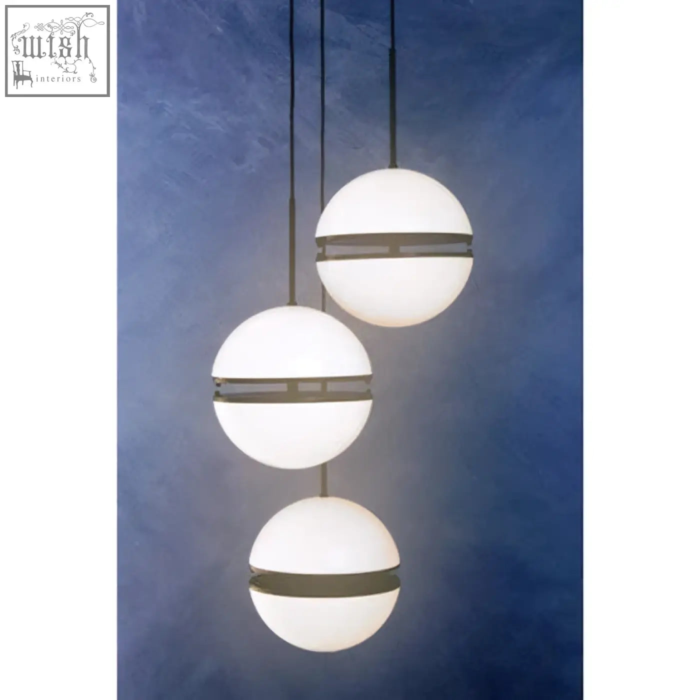 Abira three ball matt black pendant light with frosted glass globes and dark metal bands in a staggered design