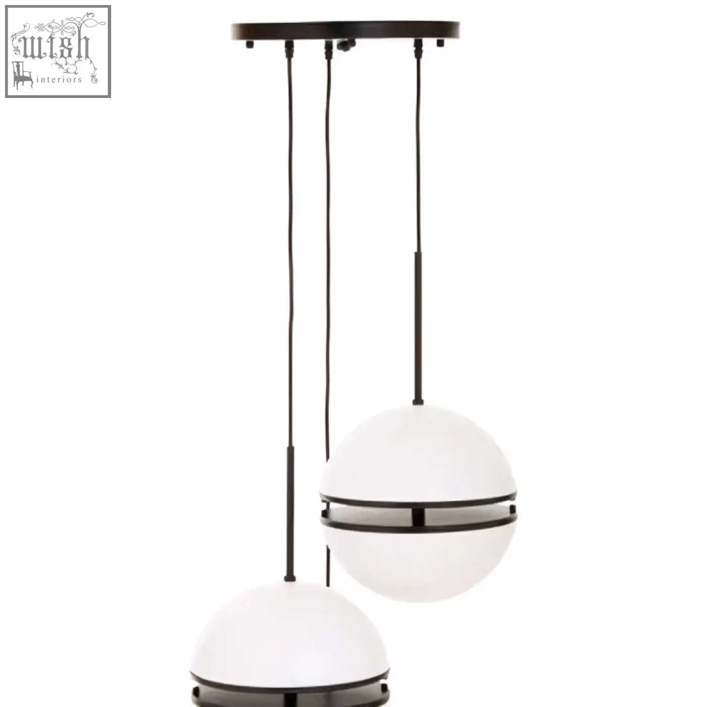 Abira three ball matt black pendant light with black and white spherical shades and metallic bands in modern design