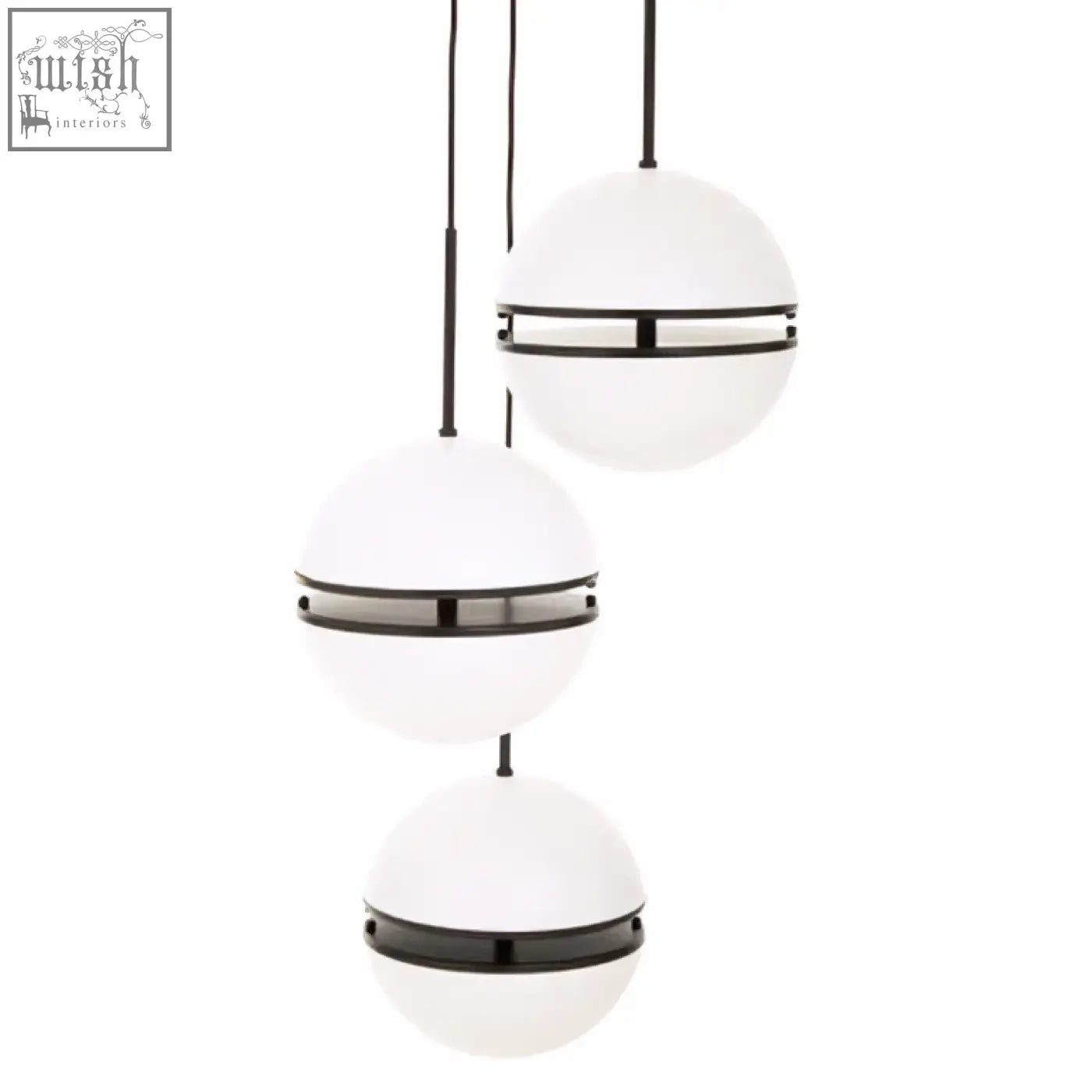 Abira three ball matt black pendant light with white spherical shades and black metallic bands for stylish lighting