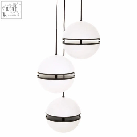 Abira three ball matt black pendant light with white spherical shades and black metallic bands for stylish lighting