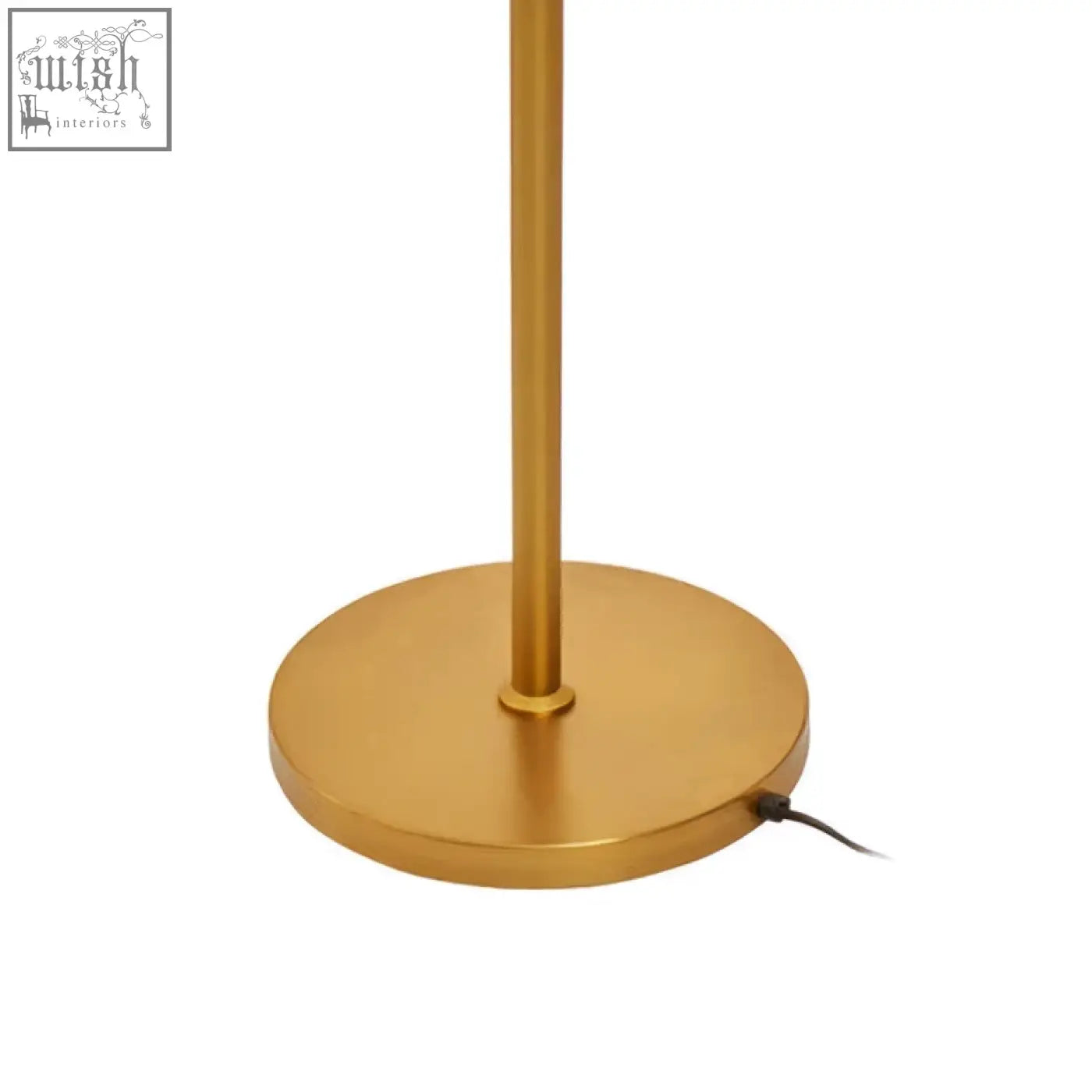 Gold-finished metal base of the abira three bulb floor lamp with circular flat design and visible power cord