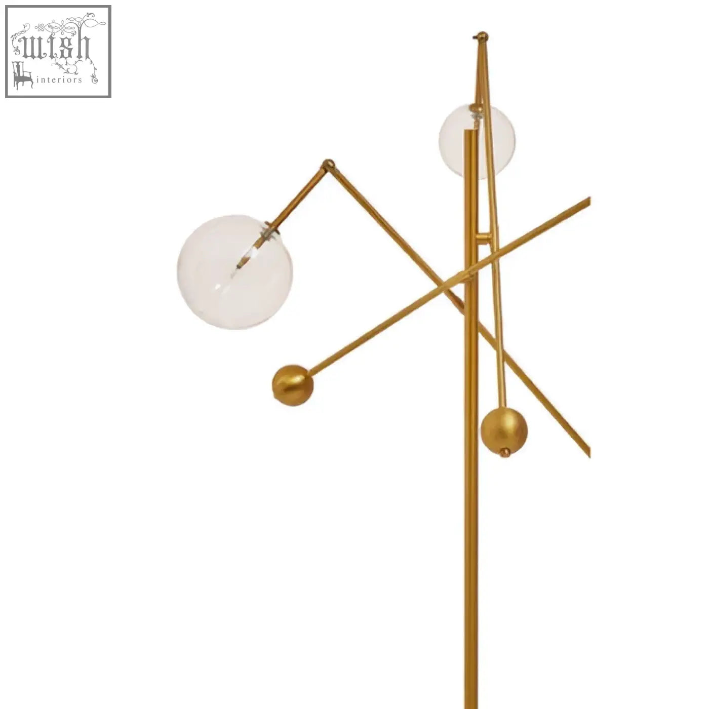 Gold-toned abira three bulb floor lamp with geometric design and clear glass globe shades featuring spherical accents