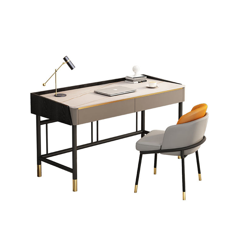 Abner office desk with marble effect light gray marble top black metal frame and gold base with slight color difference