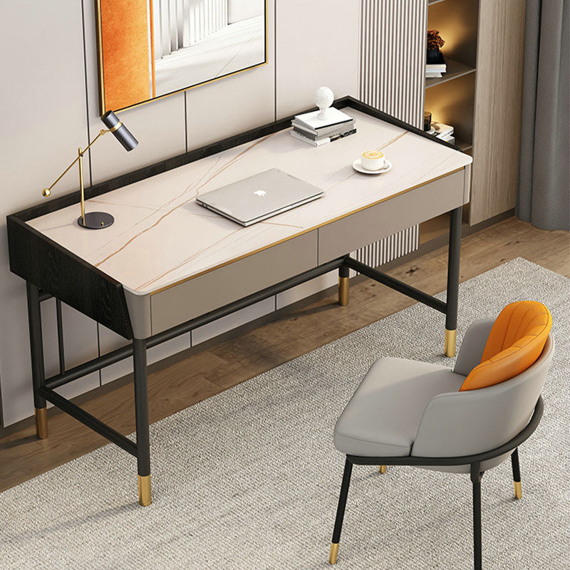 Abner office desk with marble effect top, black metal frame, and gold-tone feet showing slight color difference