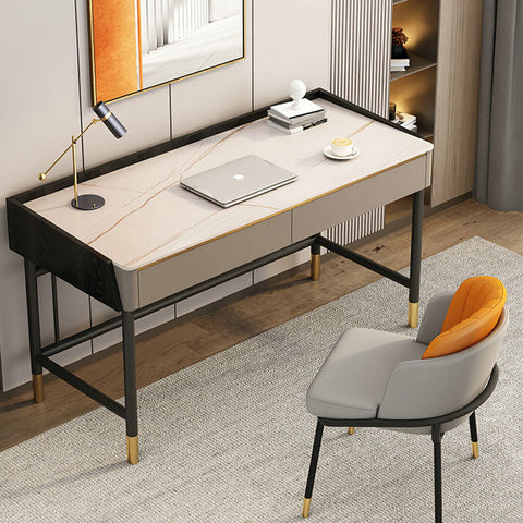 Abner office desk with marble effect top, black metal frame, and gold-tone feet showing slight color difference