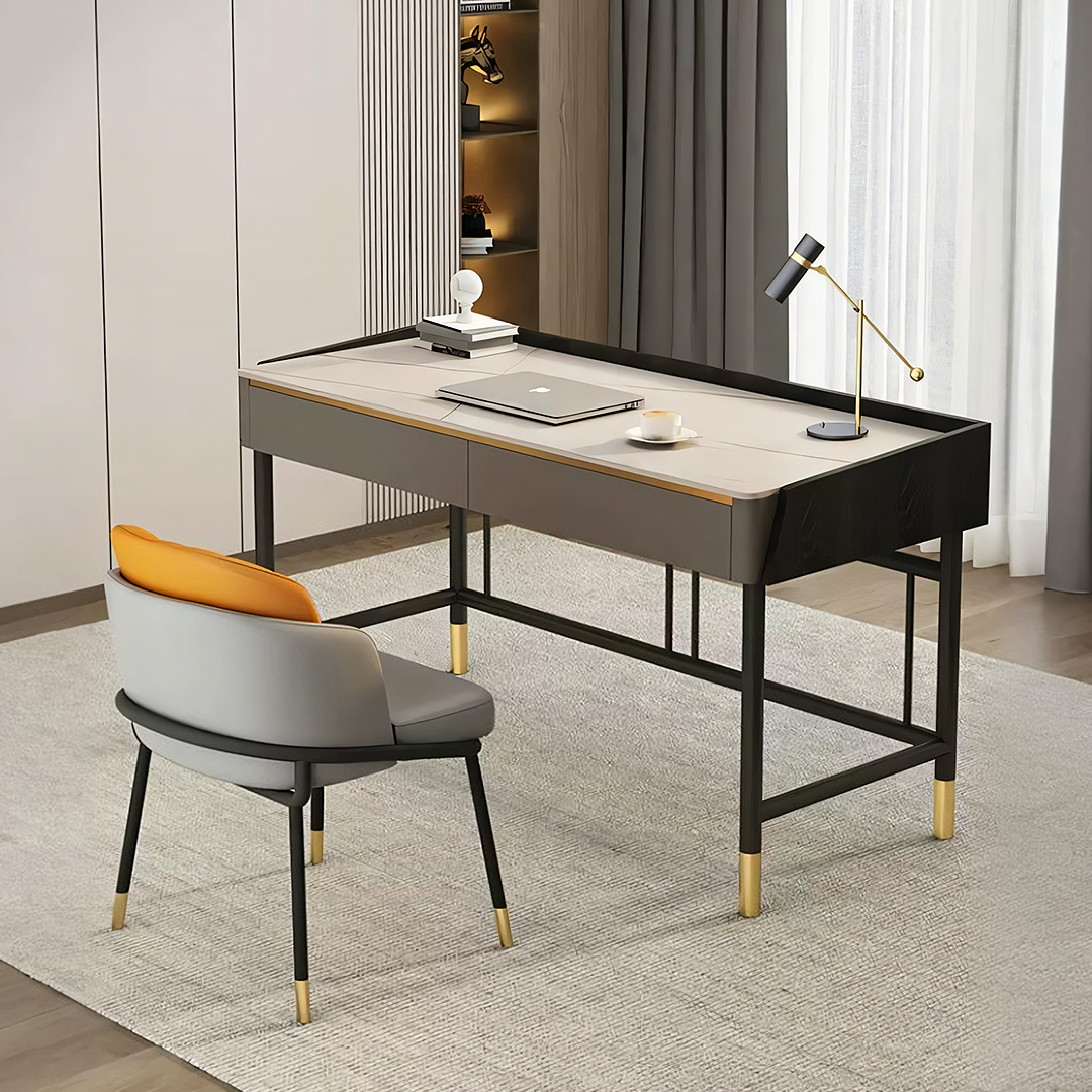 Modern minimalist abner office desk with marble effect finish gray black with gold-tone legs and slight color difference