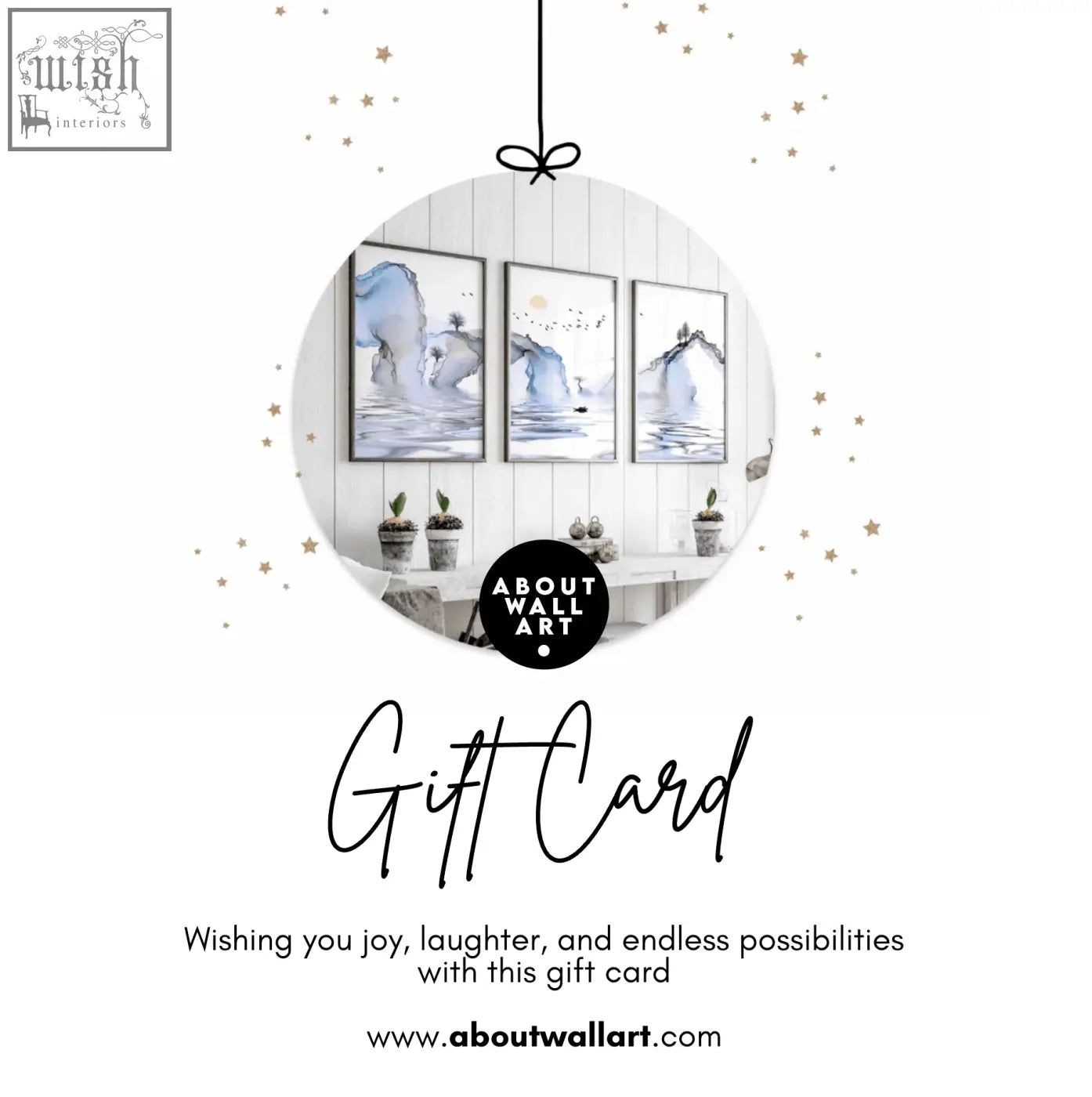 Circular about wall art gift card with black and white logo perfect for stylish gift cards and art lovers
