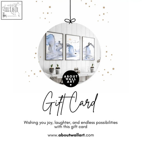 Circular about wall art gift card with black and white logo perfect for stylish gift cards and art lovers