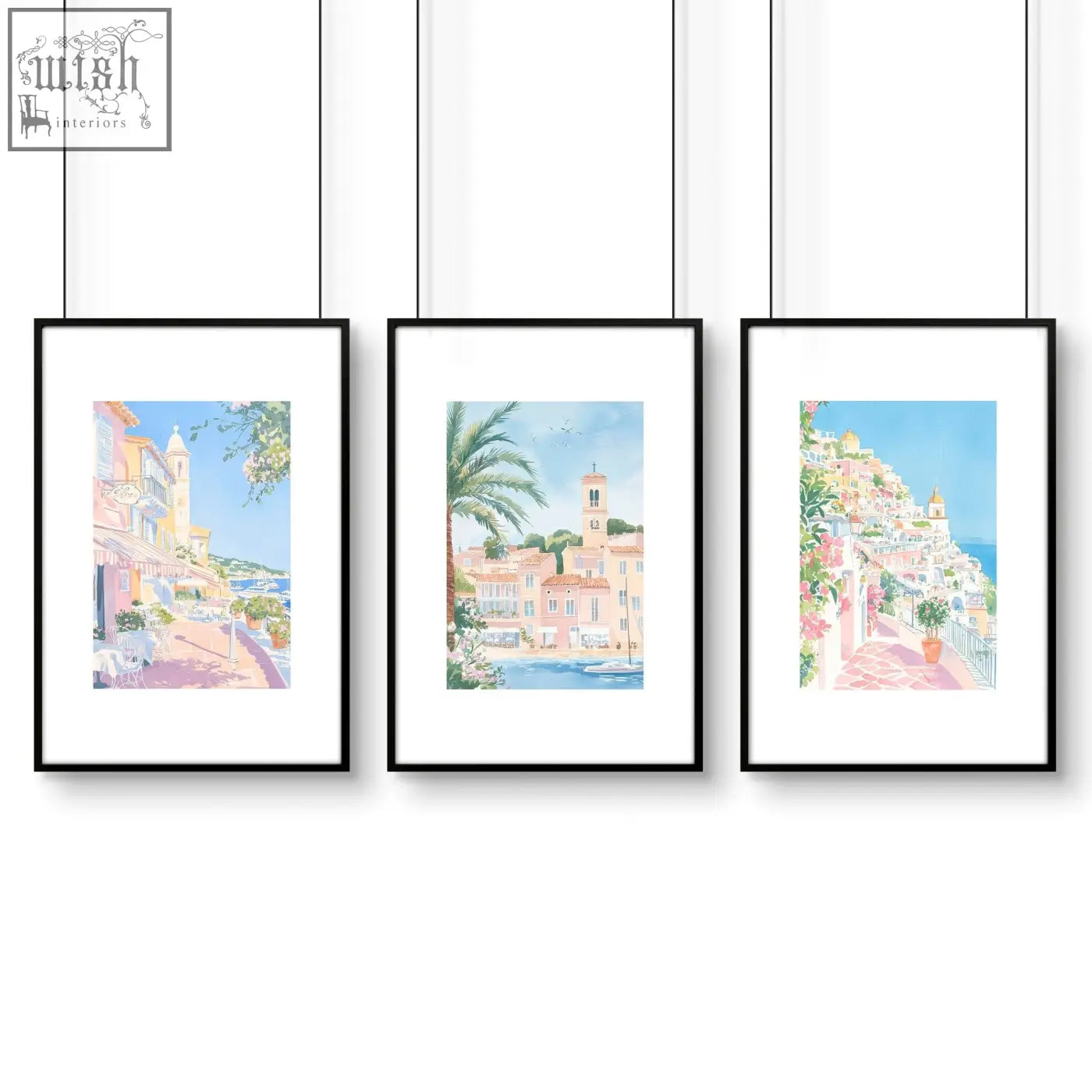 Three black-framed watercolor wall art prints with mediterranean coastal scenes perfect for bed wall decor sets