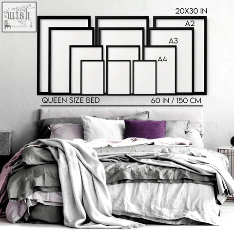 Black-framed wall art set of 3 above the bed bed wall decor prints showing a2 a3 and a4 paper sizes for beach decor