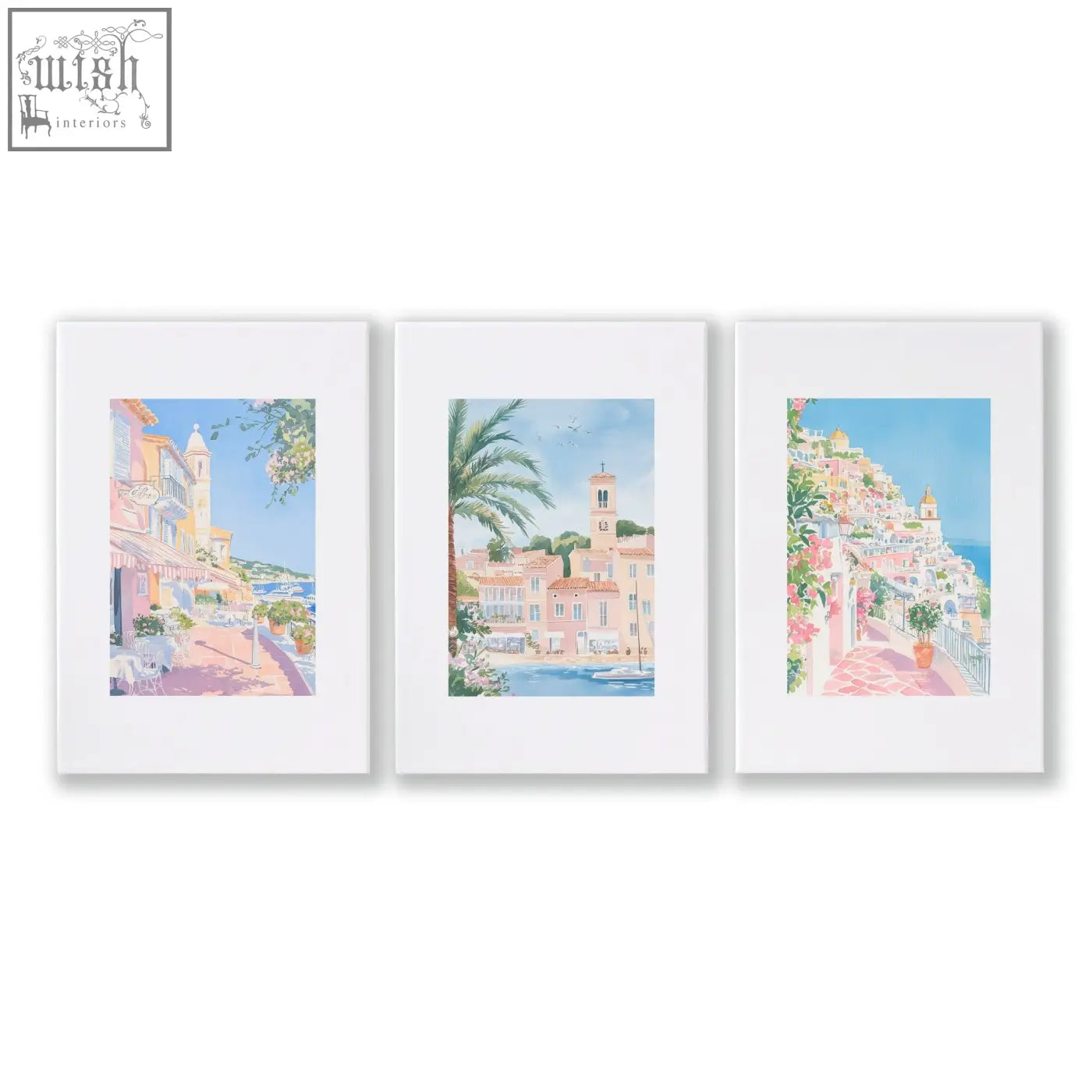 Set of 3 watercolor wall art prints with pastel mediterranean coastal scenes perfect for above the bed wall decor