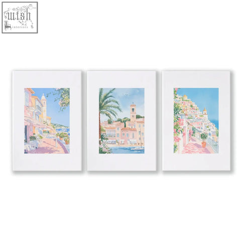 Set of 3 watercolor wall art prints with pastel mediterranean coastal scenes perfect for above the bed wall decor