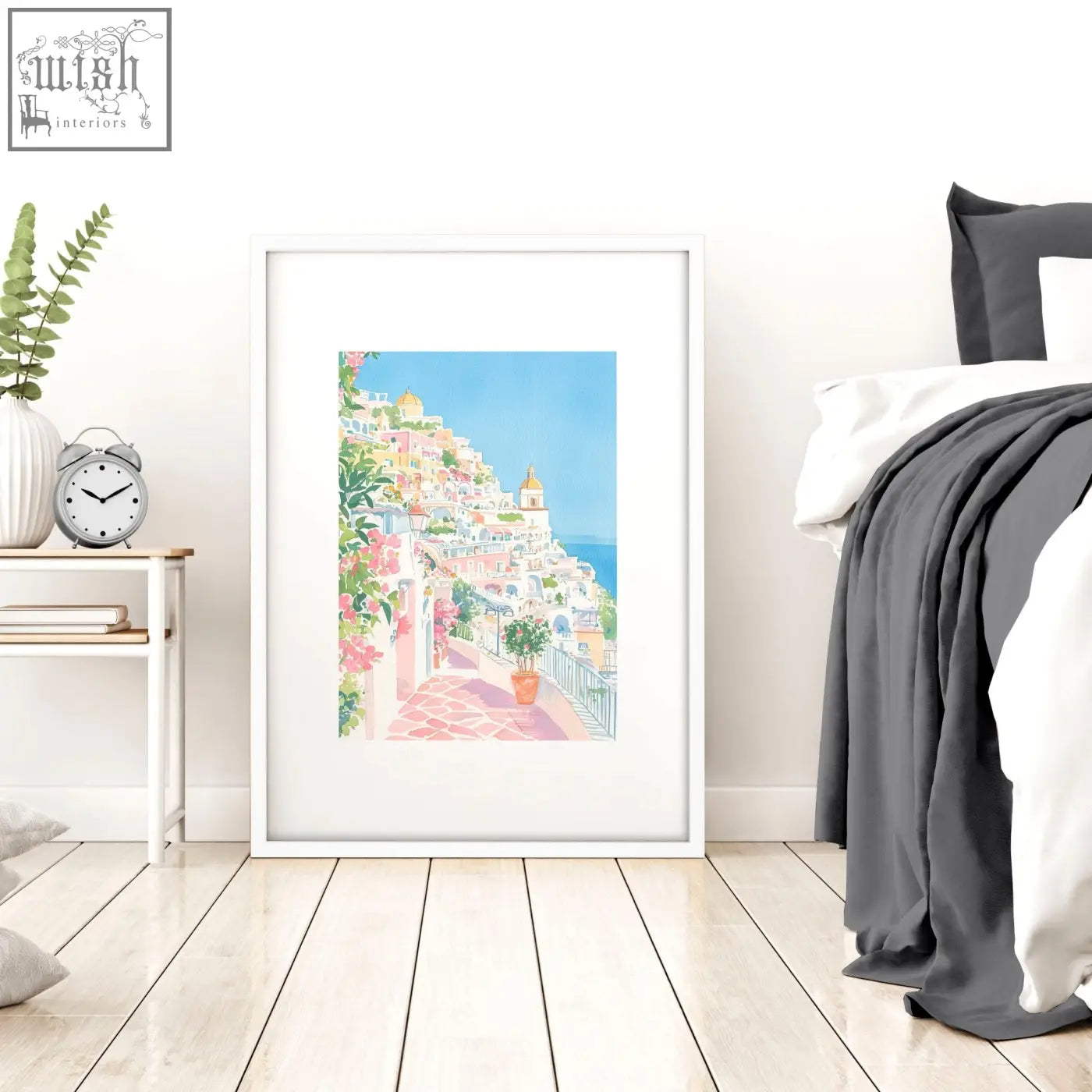 A set of 3 beach decor wall art prints featuring colorful coastal village watercolor in white frames for bed wall decor