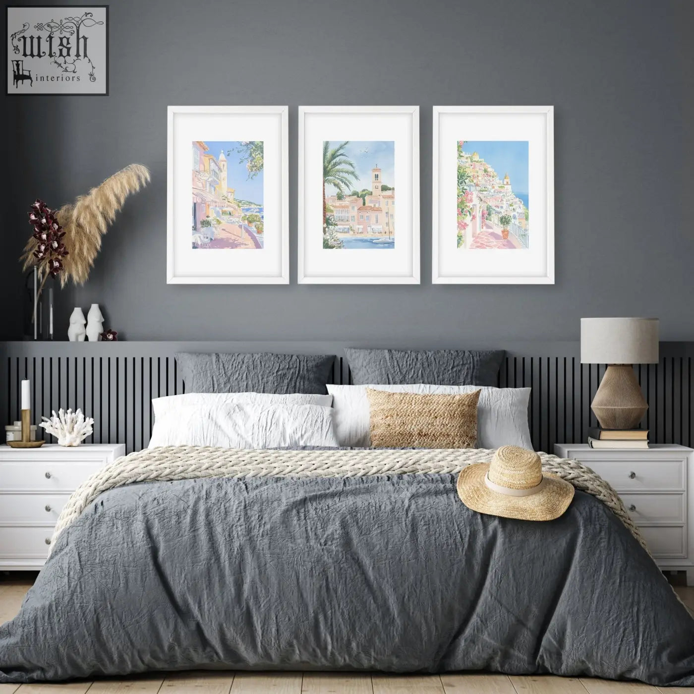 A woven straw hat with a beige band on a gray bedspread complements above the bed wall decor beach wall art set of 3