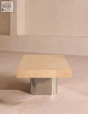 Abrahams rectangle coffee table with a light wood top and brushed metal base minimalist rectangle coffee table