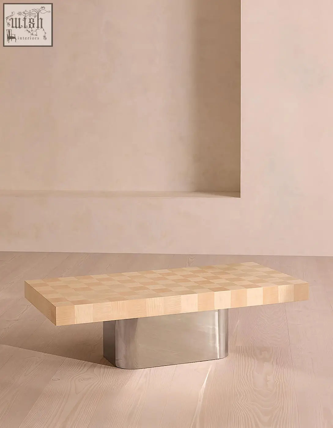 Abrahams rectangle coffee table with a minimalist wooden checkered surface and sleek metallic base rectangle coffee table