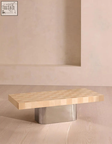 Abrahams rectangle coffee table with a minimalist wooden checkered surface and sleek metallic base rectangle coffee table