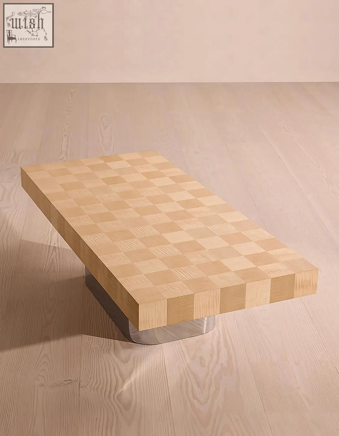 Abrahams rectangle coffee table wood with a checkered light-toned wooden surface and sleek metallic legs