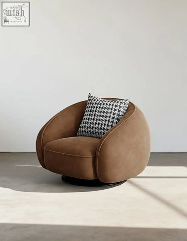 Brown suede abreu swivel accent chair round armchair with black and white houndstooth accent pillow