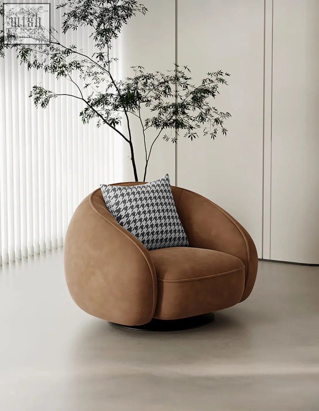 Brown suede abreu swivel accent chair with round armchair design and houndstooth-patterned cushion