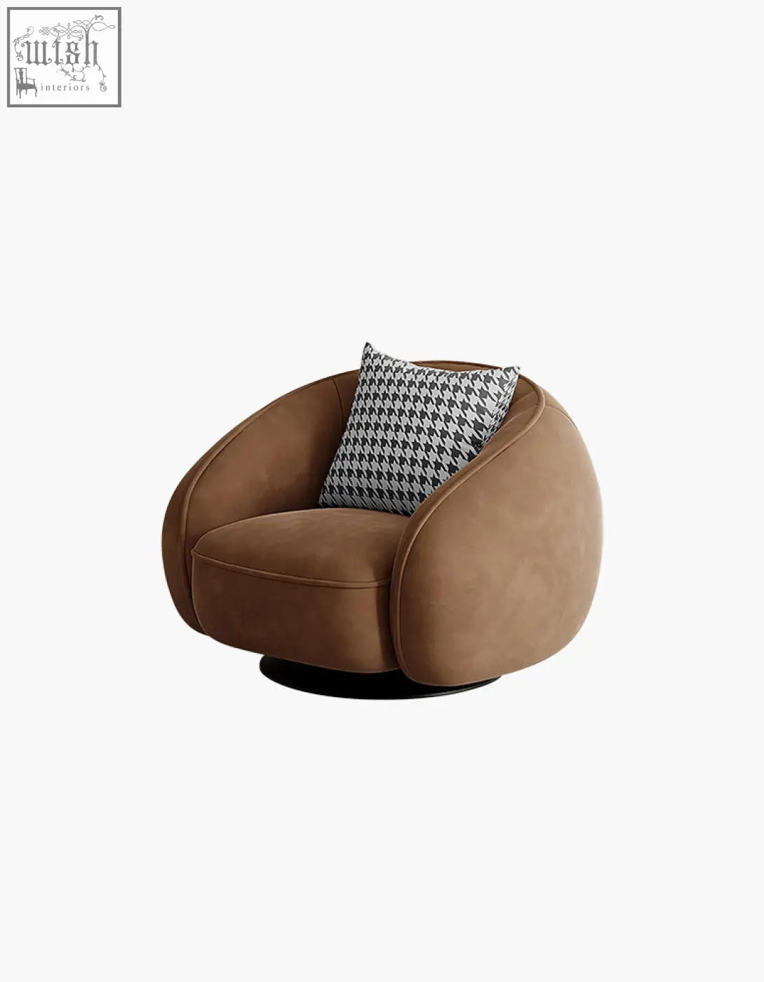 Brown velvet abreu swivel accent chair with round armchair design and black and white houndstooth pillow