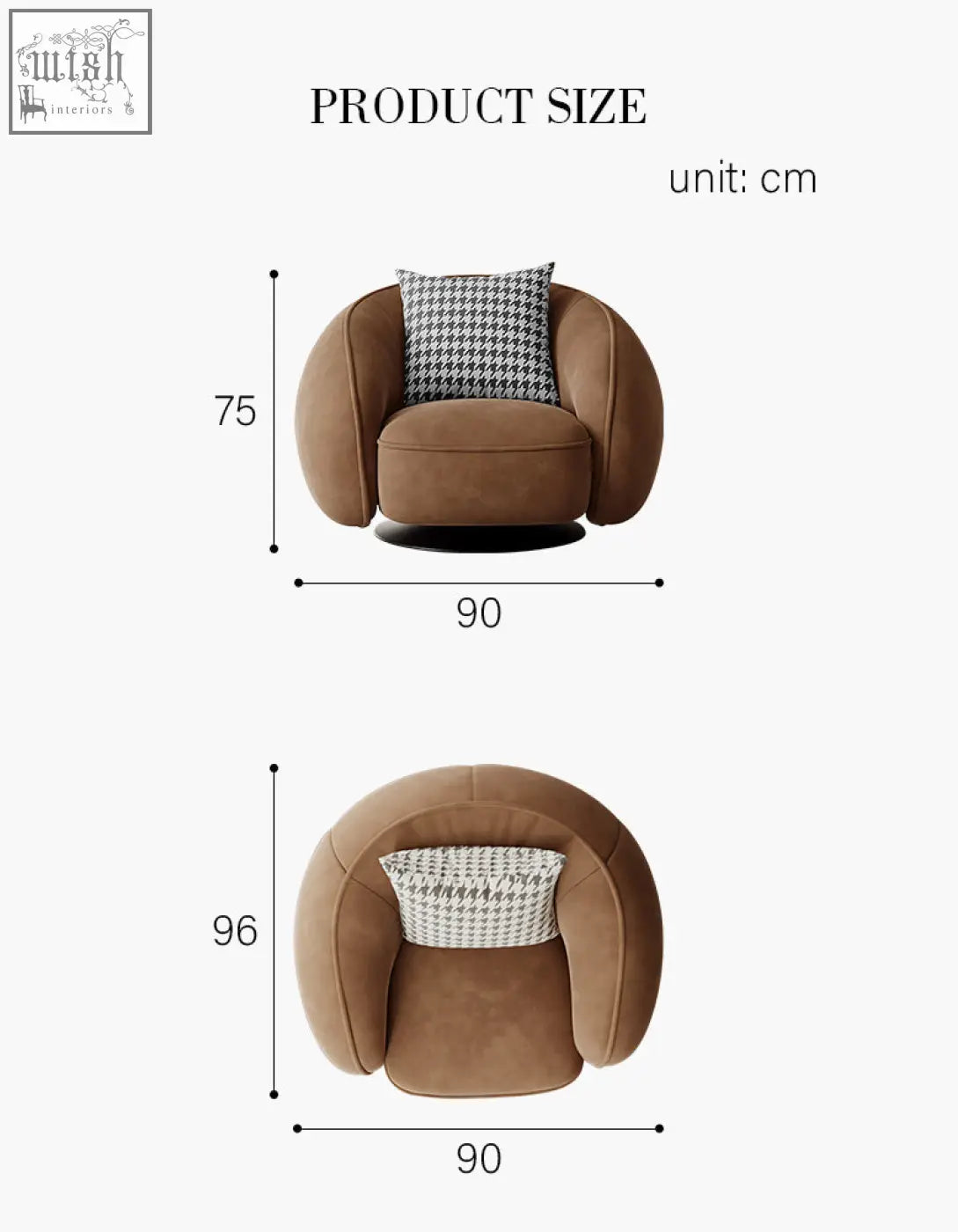 Brown velvet abreu swivel accent round armchair with a houndstooth-patterned cushion for stylish seating
