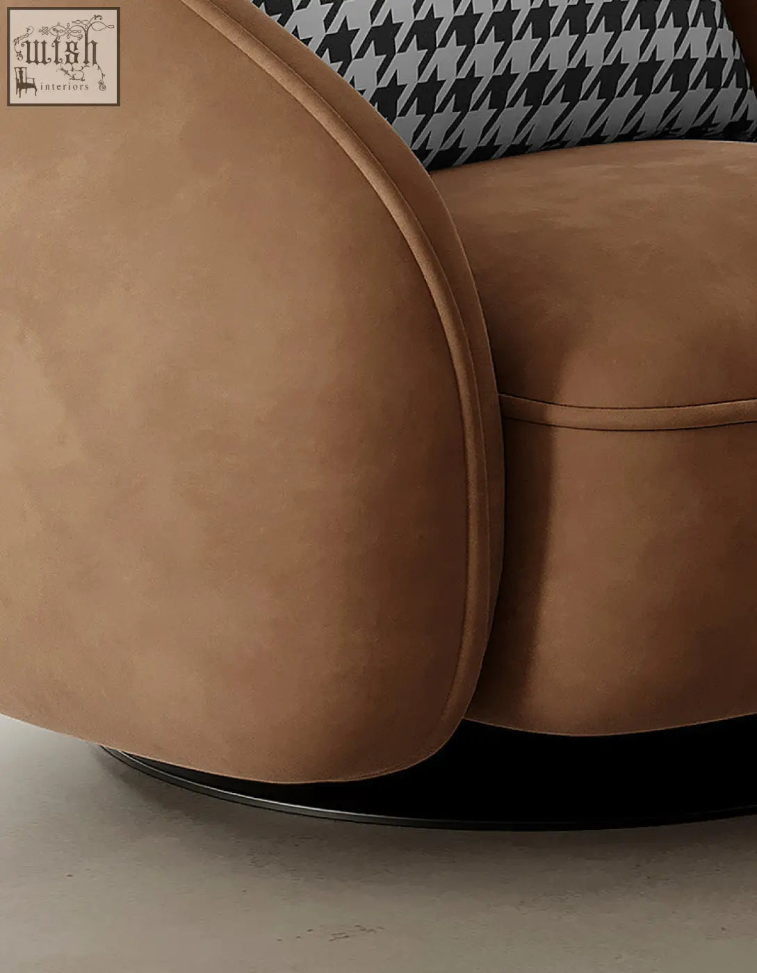 Tan faux leather abreu swivel accent round armchair with sleek curved design and black and white houndstooth cushion