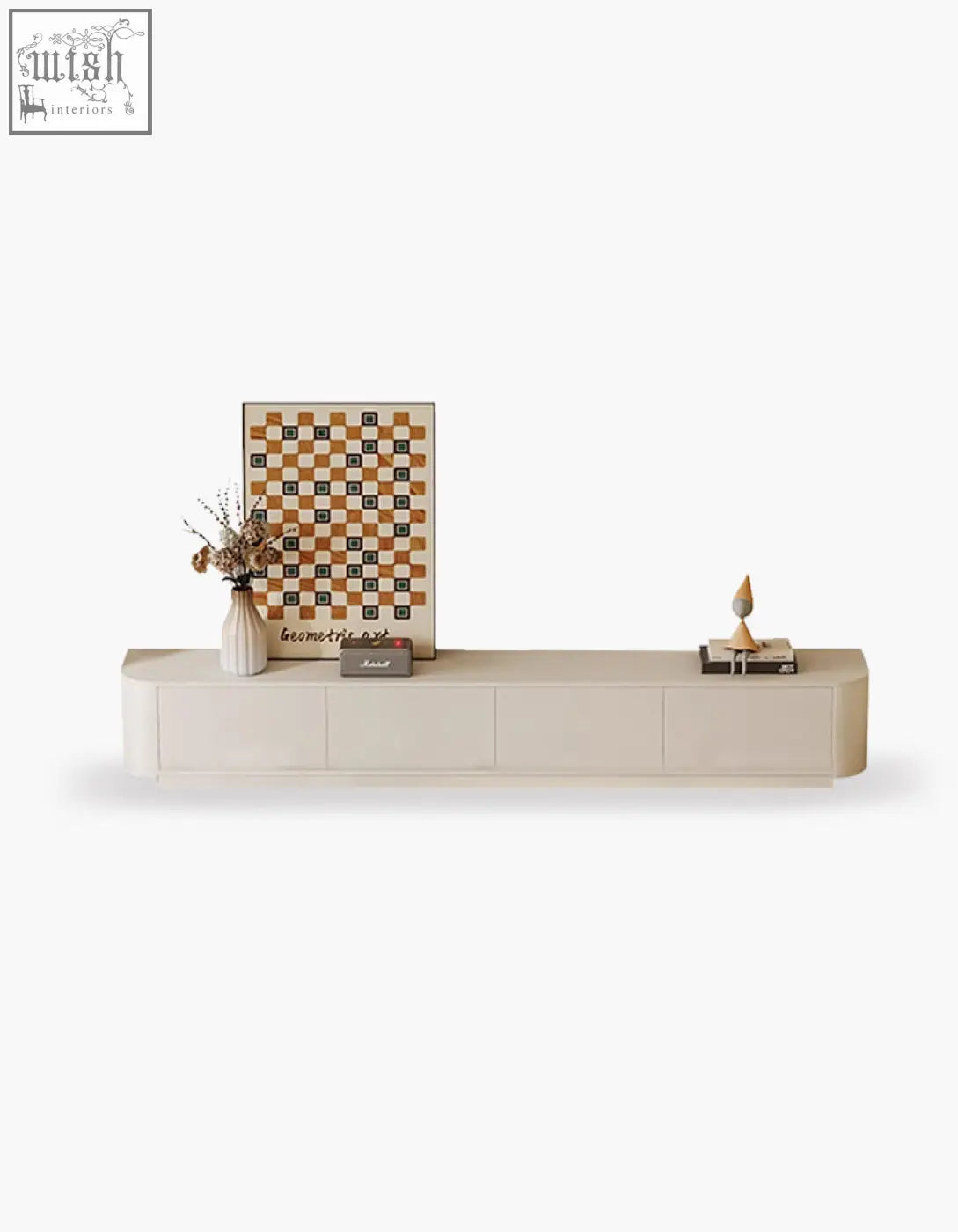 Beige minimalist cream tv stand absinthia with sleek design, five drawers, led light, offer financing available shipping cost applies