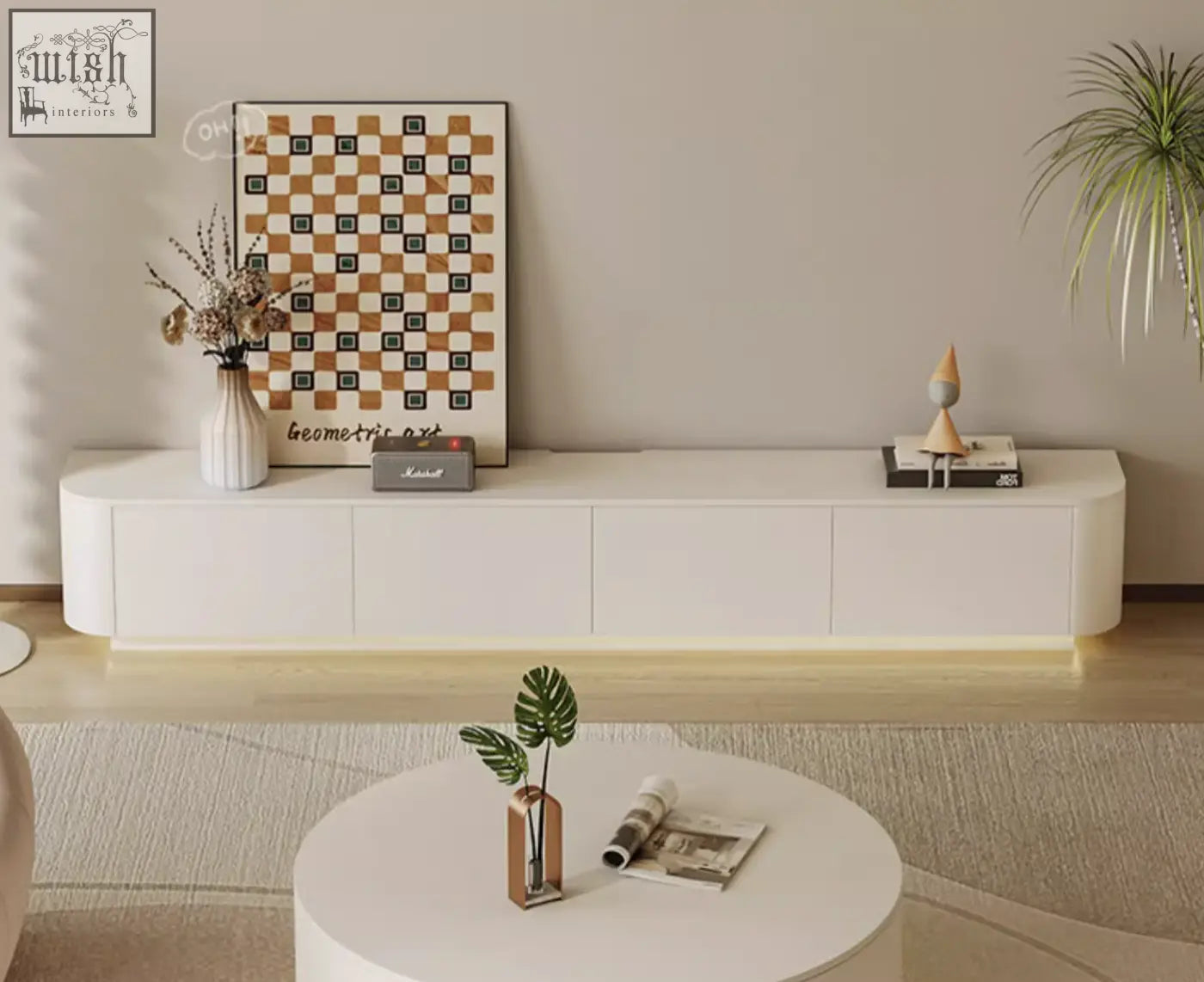 Cream tv stand absinthia with sleek curved edges and integrated led lighting base offer financing and low shipping cost
