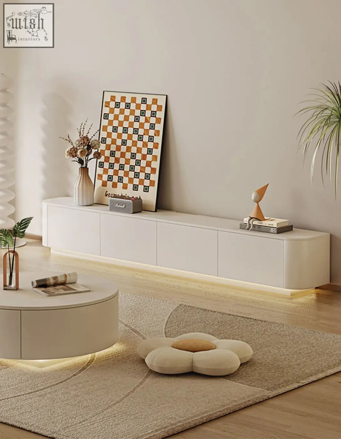Cream tv stand absinthia with clean modern drawers and integrated led lighting base offer financing and low shipping cost