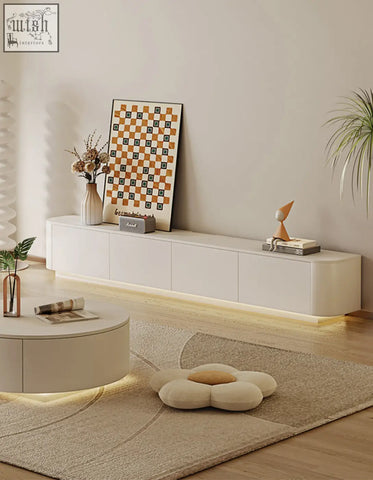 Cream tv stand absinthia with clean modern drawers and integrated led lighting base offer financing and low shipping cost