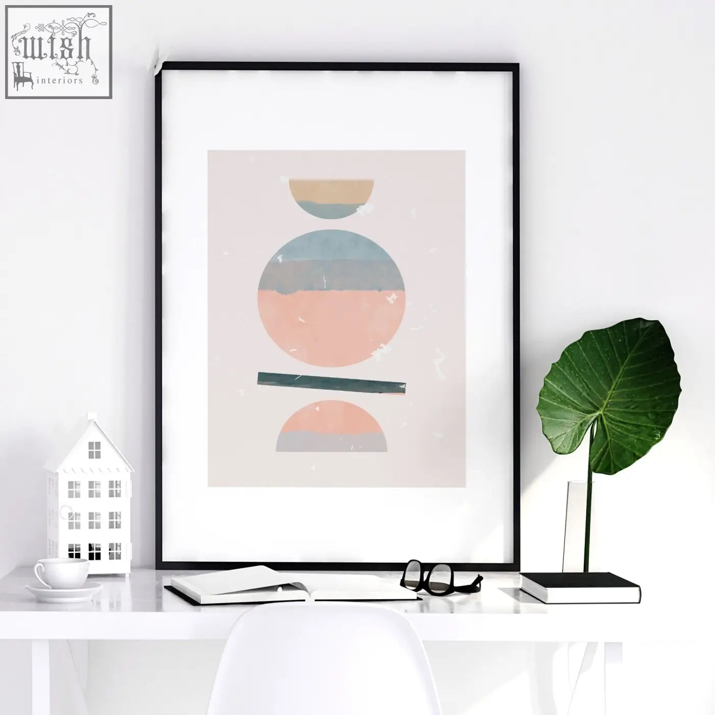 Minimalist abstract art prints set of 3 in black frames with pastel peach blue gray and beige for living room wall decor