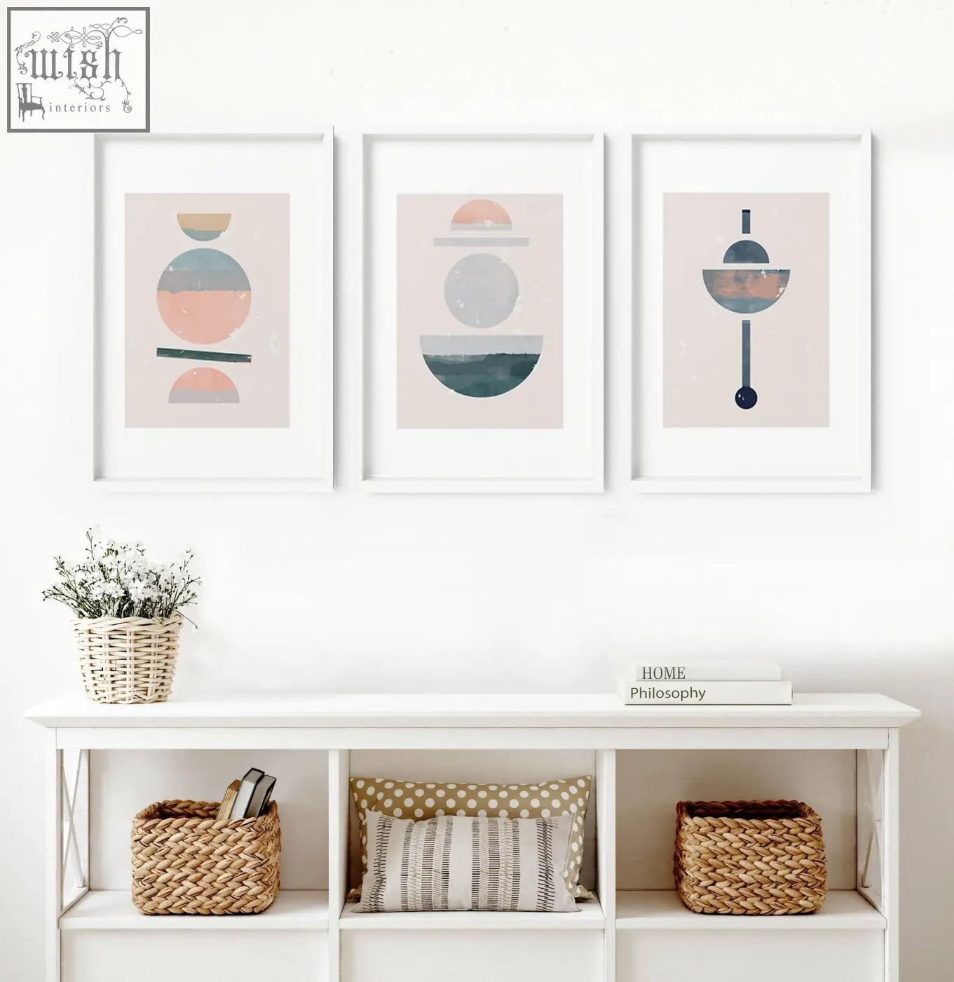 Three framed abstract art prints with soft pastel earth tones in white frames perfect for living room wall art prints