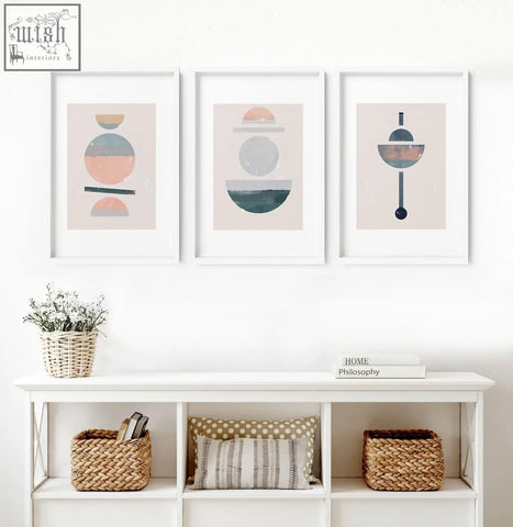 Three framed abstract art prints with soft pastel earth tones in white frames perfect for living room wall art prints