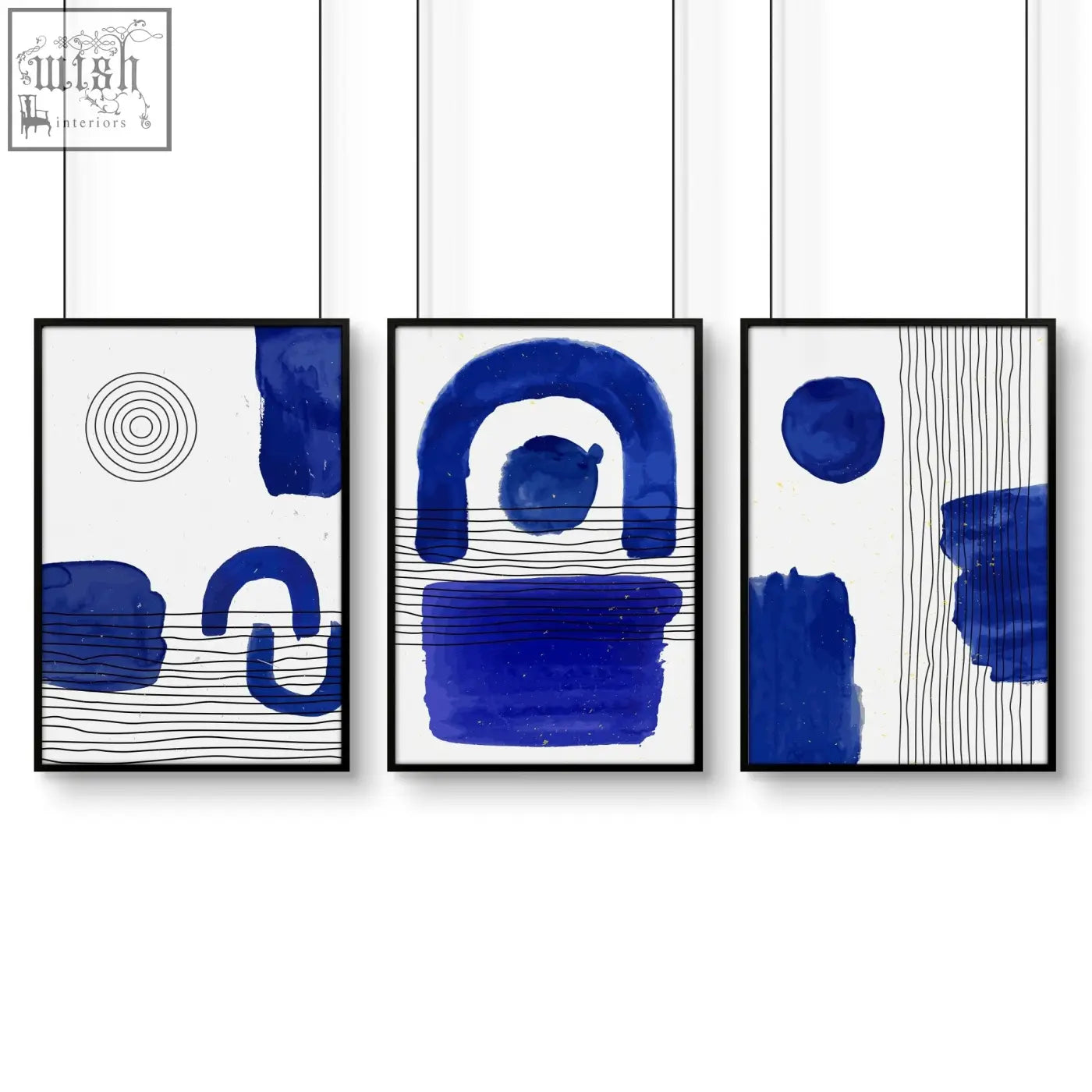 Set of 3 abstract wall art prints with bold blue brushstrokes and geometric patterns in black frames perfect for wall art