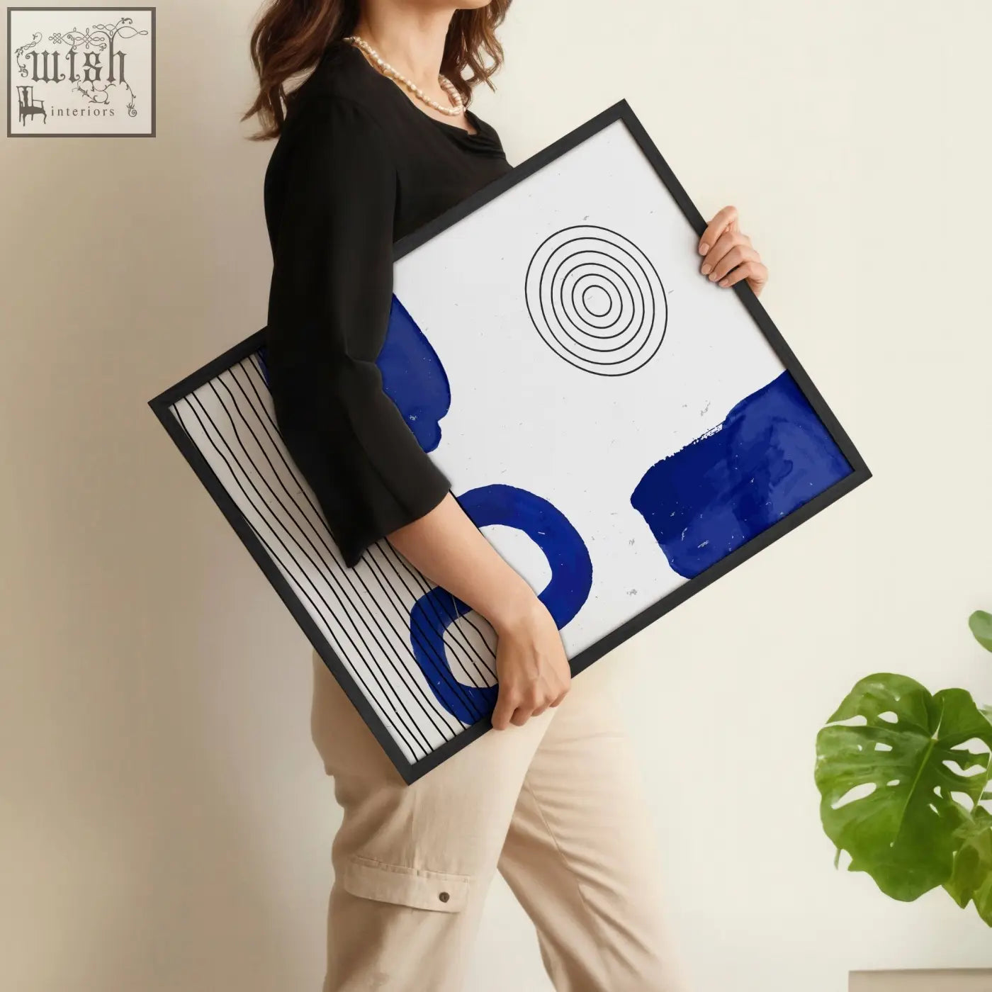 Black-framed abstract art print with bold cobalt blue brushstrokes and geometric lines for modern wall art set of 3