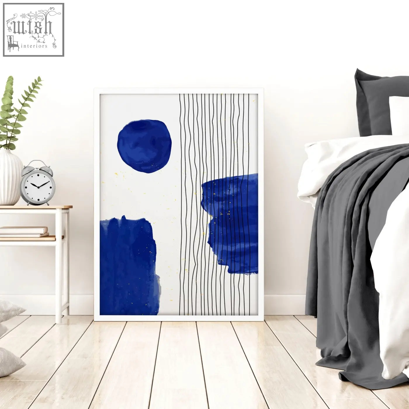 Blue abstract art print with bold brushstrokes and vertical black lines in a white frame wall art for modern decor