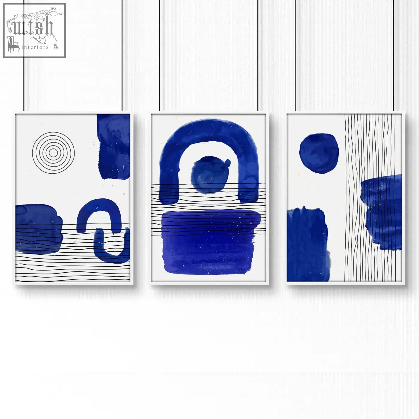 Set of 3 abstract wall art prints featuring bold blue watercolor shapes and black line art on white background