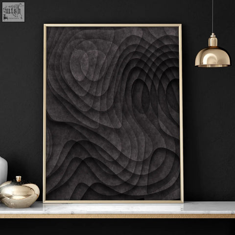 Abstract artwork featuring dark charcoal topographic wave 3d relief in a slender gold frame set of 3 wall prints