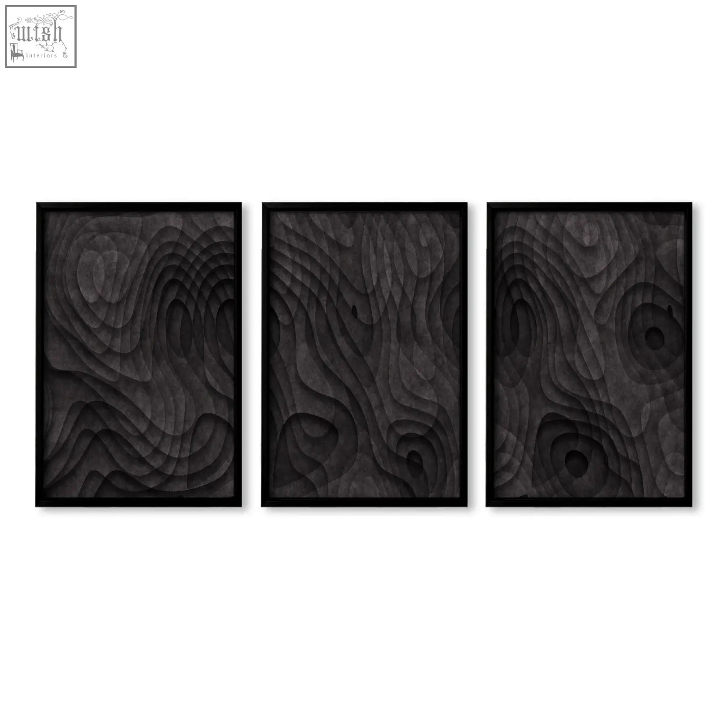 Three black-framed wood relief panels featuring dark charcoal abstract artwork with topographic wave patterns