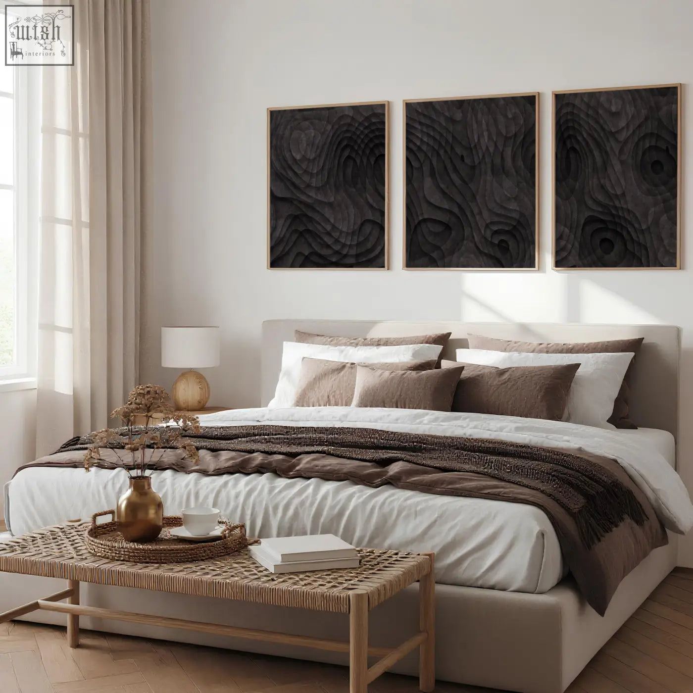 Set of three abstract artwork panels with dark charcoal topographic wave design on black wood with light wooden frames
