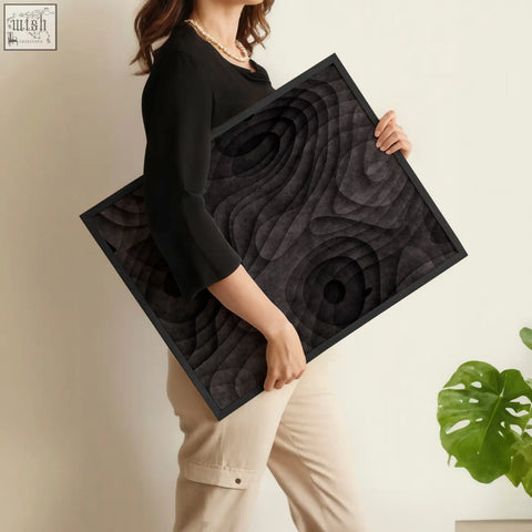 Black framed abstract artwork featuring dark charcoal topographic wave with layered swirling texture set of 3 prints