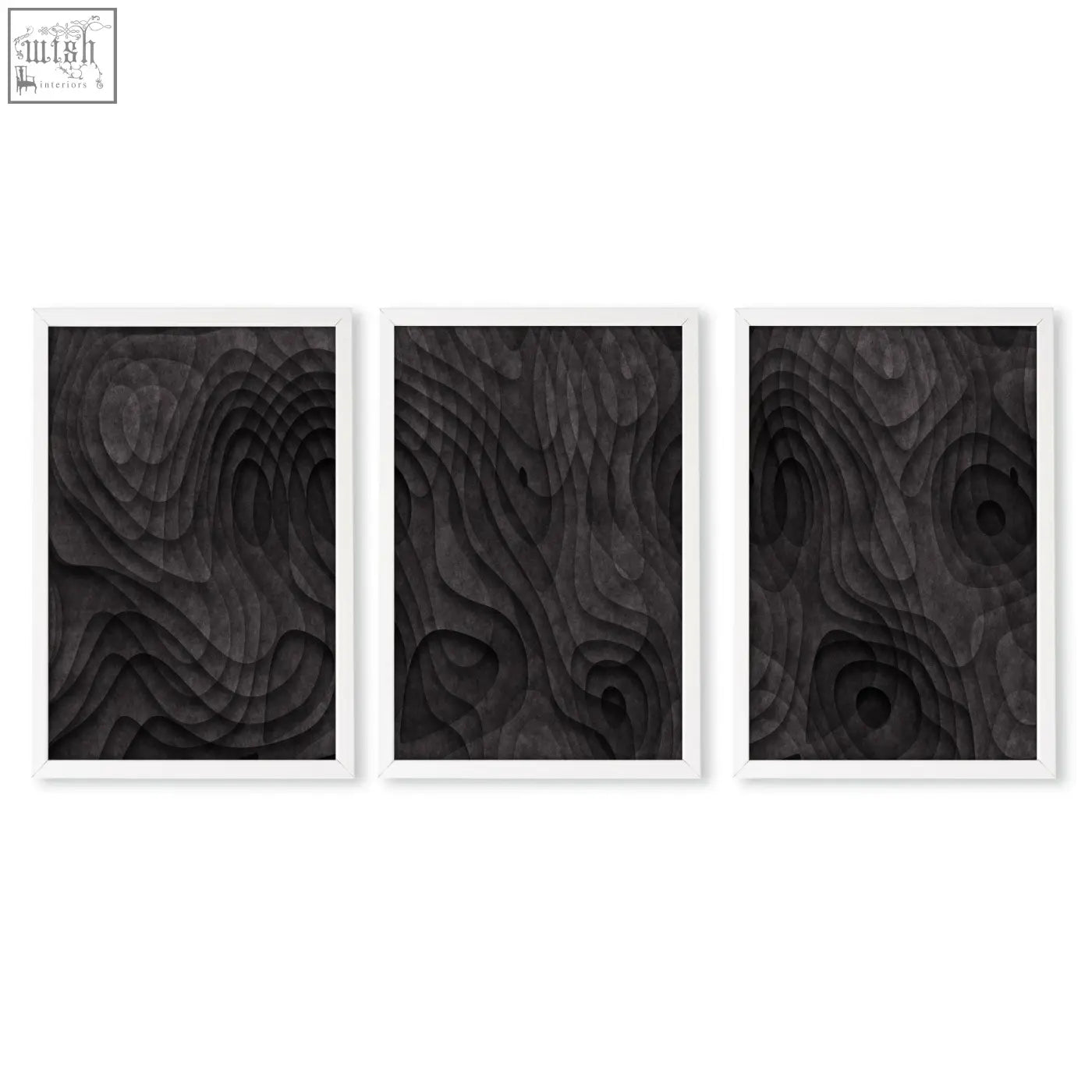 Three framed abstract artwork dark charcoal topographic wave wood pieces with layered textured surfaces wall art prints