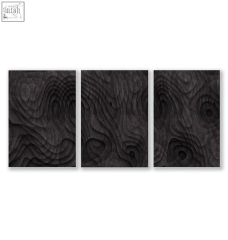Black wood relief wall art set of 3 with dark charcoal abstract artwork featuring layered topographic wave patterns