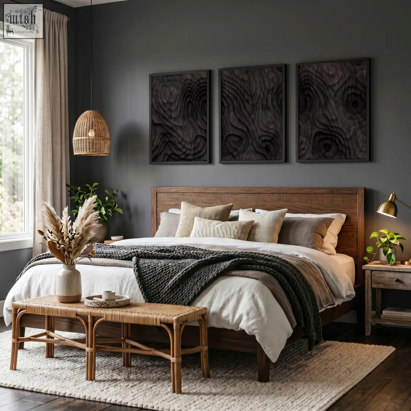 Wooden bed with dark brown finish and neutral pillows below abstract artwork dark charcoal topographic wave prints set of 3