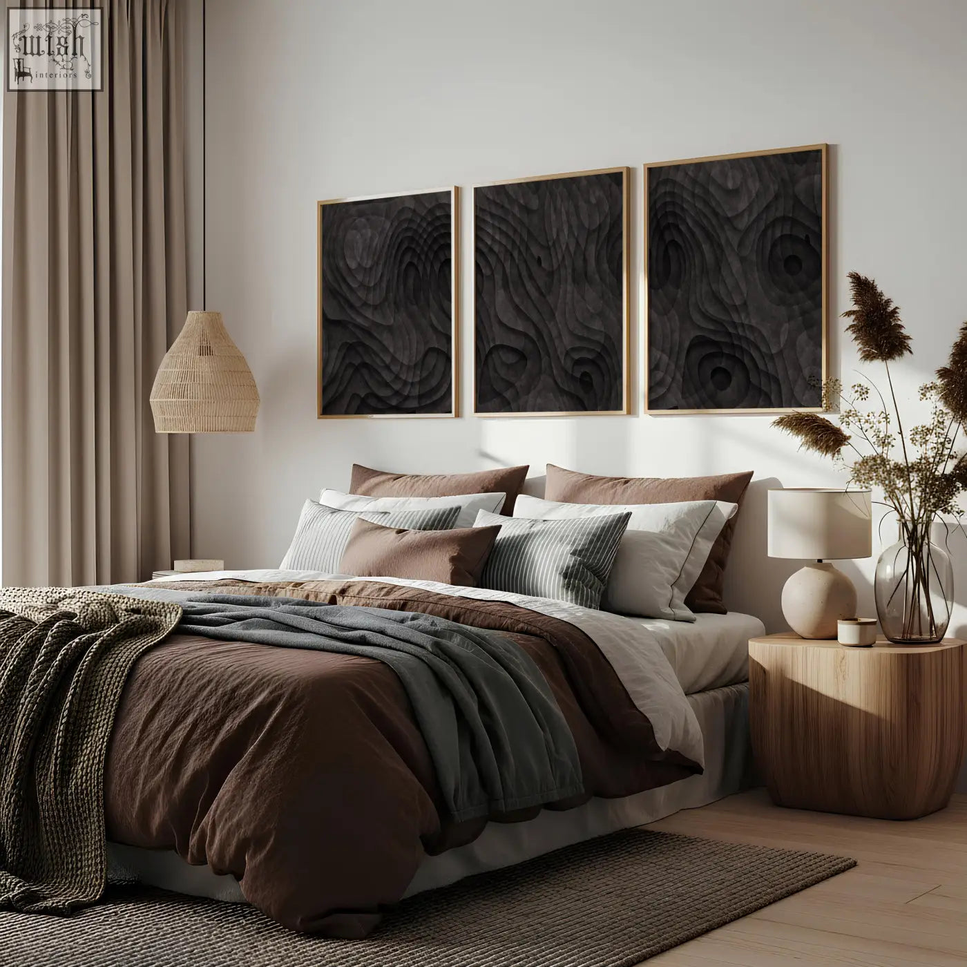 Set of three framed abstract artwork prints featuring dark charcoal topographic wave designs on dark wood grain panels