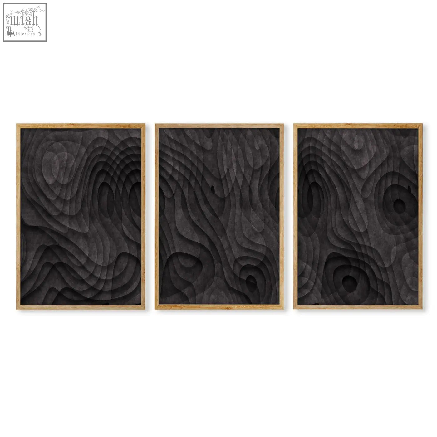 Set of three black wood relief abstract artwork panels with dark charcoal topographic wave design in light wooden frames